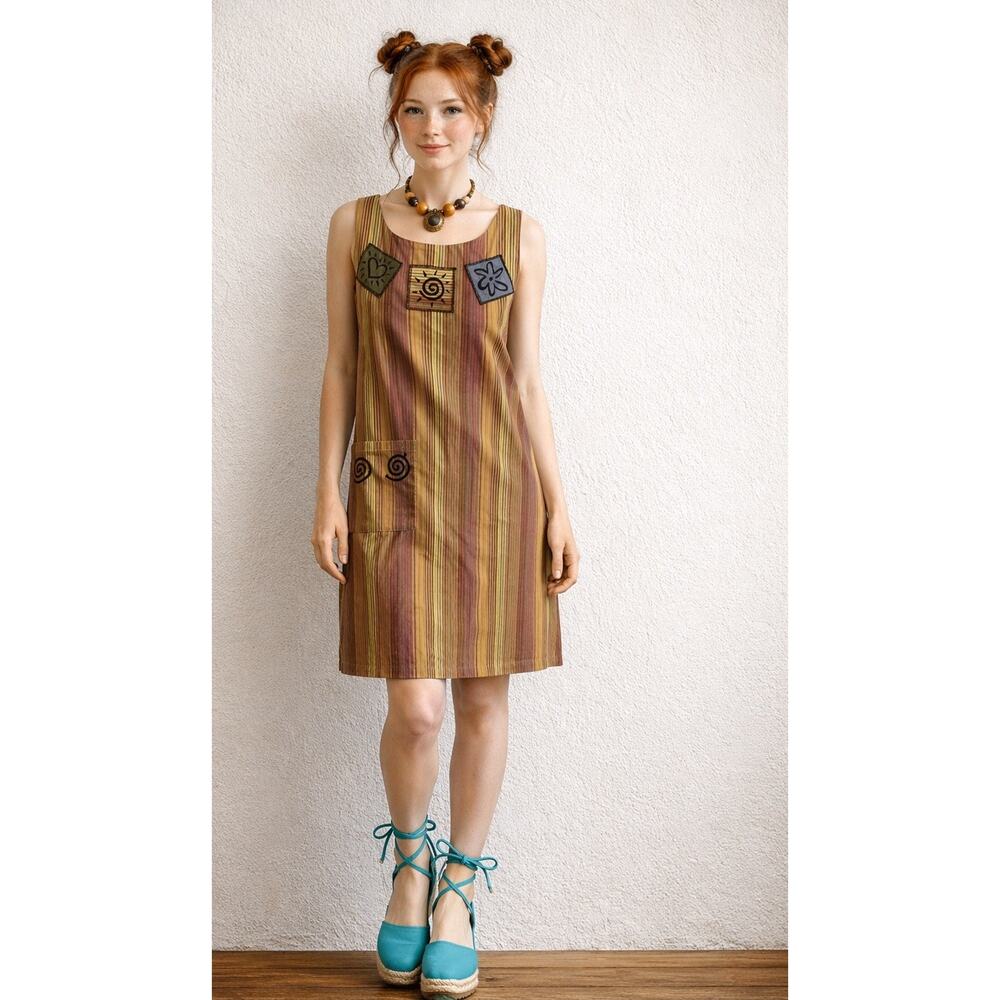 VTG Melons Hawaii Striped Dress Knee Length Patchwork Sun Swirl 90s Y2K S